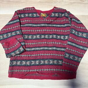 Alps Vintage Wool Fair Isle Sweater Small Pink Teal Made in USA V-Neck Pullover